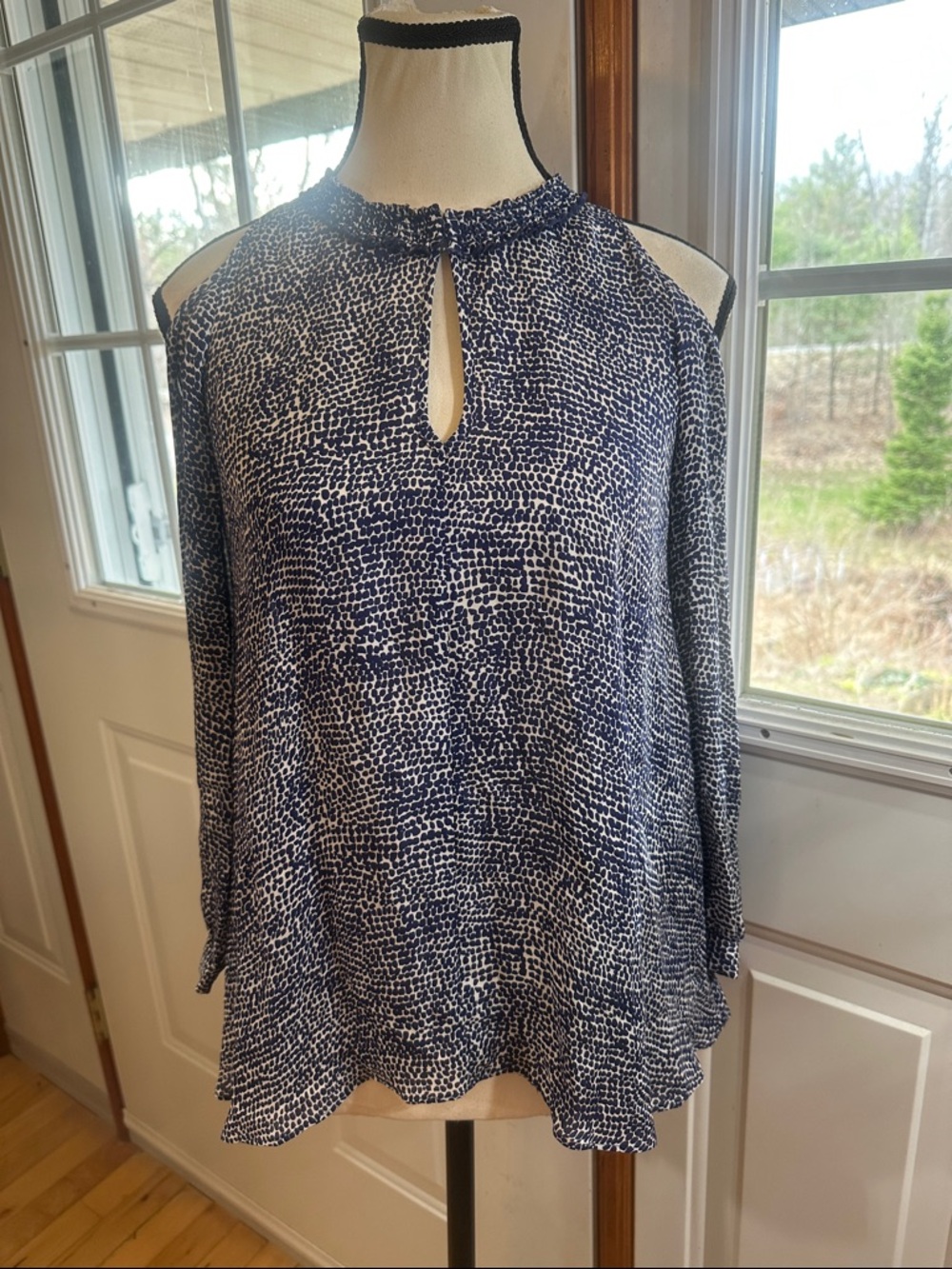 Derek Lam Silk Cold-Shoulder Navy and White Print Blouse